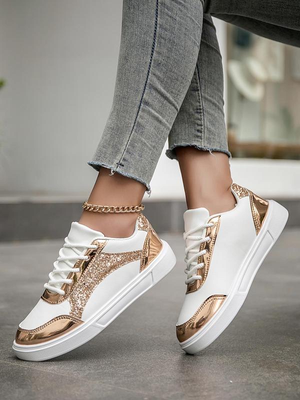 Women's Fashionable Glitter Design Lace Up Low Top Sneakers, 2024 New Style Casual Comfortable Sports Shoes for Daily Wear, Trendy All-match Sneakers for Women & Girls