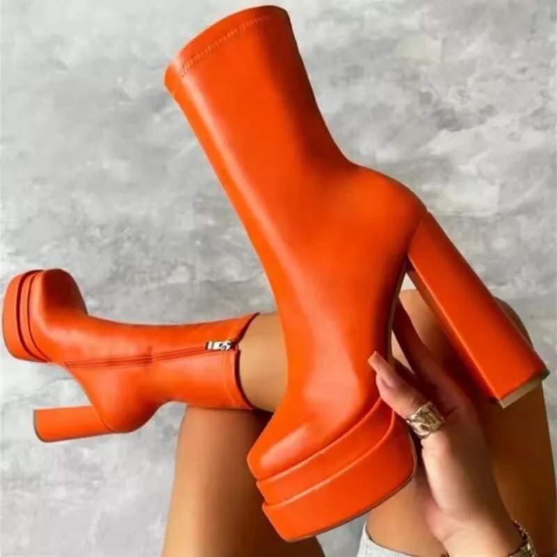 2023 Sexy Chunky High Heels Ankle Shoes for Women Punk Style Zipper Thick Platform Elasticity Microfiber Boots Sapatos Femininos