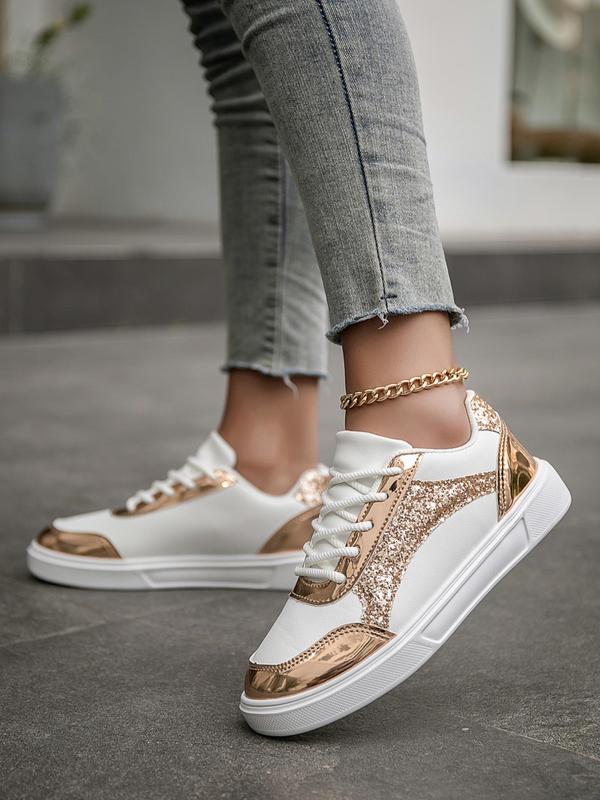 Women's Fashionable Glitter Design Lace Up Low Top Sneakers, 2024 New Style Casual Comfortable Sports Shoes for Daily Wear, Trendy All-match Sneakers for Women & Girls