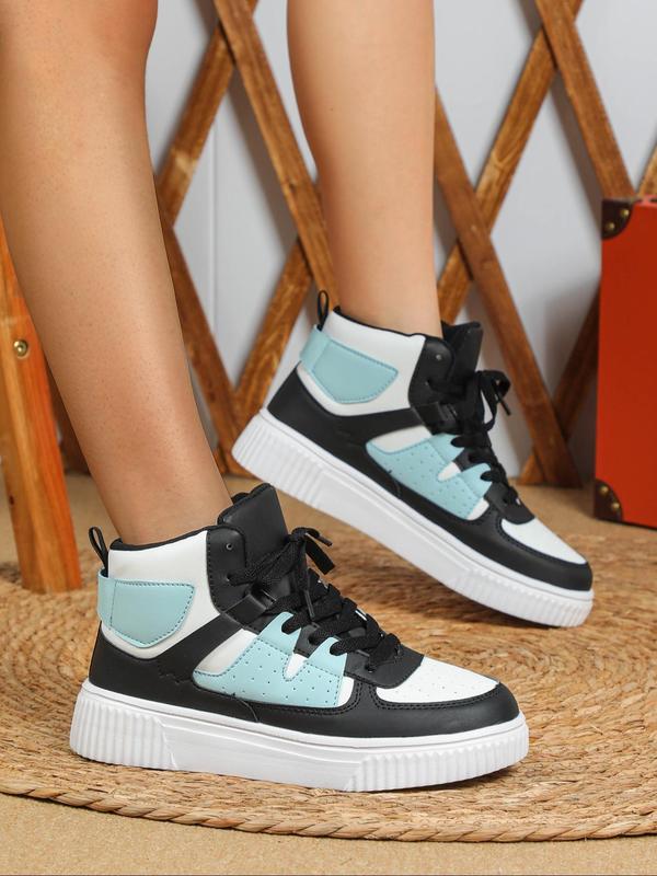 Women's Fashionable Colorblock Lace Up Mid Top Sneakers, Casual Comfortable Breathable Sports Shoes, Female All-match Round Toe Shoes for Daily Wear