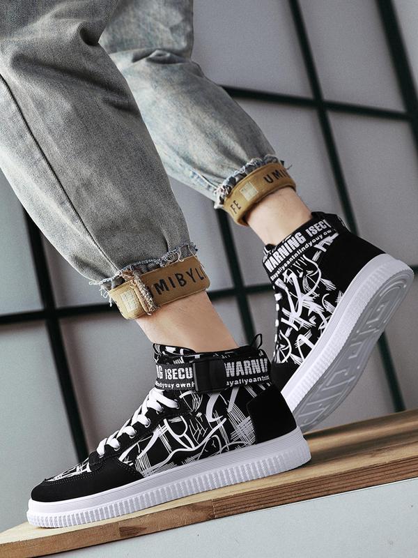 Men's Fashionable Graphic Pattern Lace Up High Top Designer Sneakers, Mens Sneakers, Comfortable Sports Shoes for Daily Wear, Male All-match Round Toe Shoes for Daily Wear Fall Outfits Fall Freshness