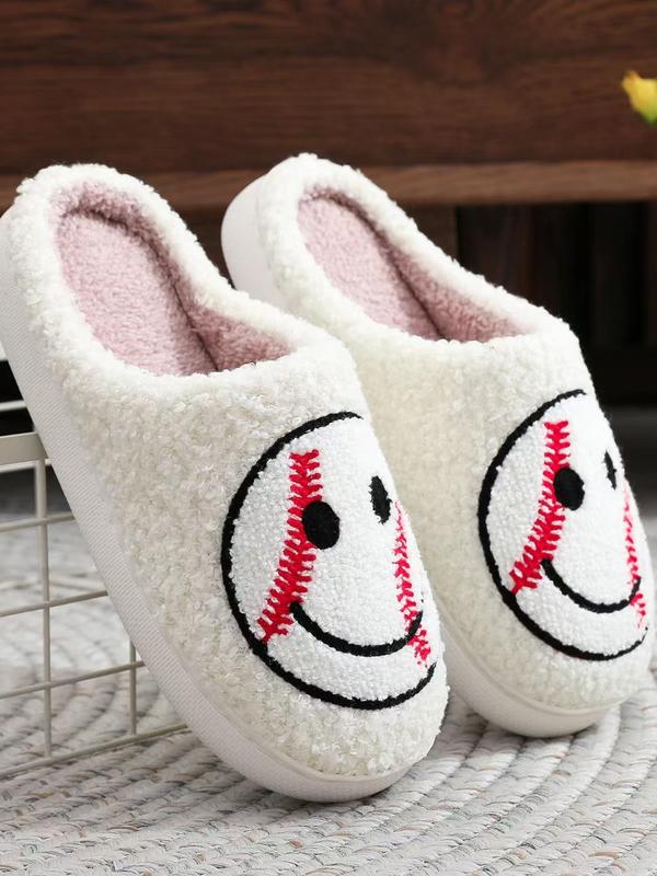 Baseball & Cartoon Smile Face Pattern Slippers, Casual Soft Comfortable Home Slippers for Fall & Winter, Fluffy Non-slip Slippers for Indoor & Outdoor Use