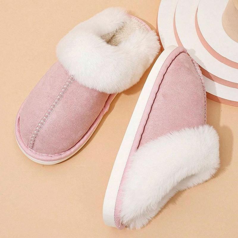 Warm Women's Plush Fleece-Lined Slip-On Moccasin with Fluffy Detail - Non-Slip Winter Home Slippers on Flat Platform Sole  Comfy Memory indoor  shoes Soft Anti-Skid