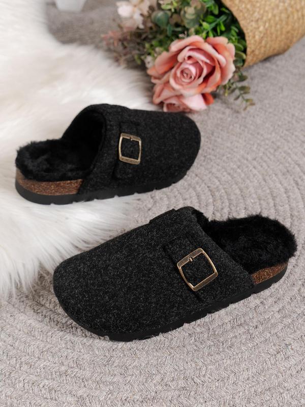 Women's Solid Color Plush Lining Slippers, Casual Comfortable Buckle Design Home Slippers, Fluffy Soft Slippers for Indoor & Outdoor Wear