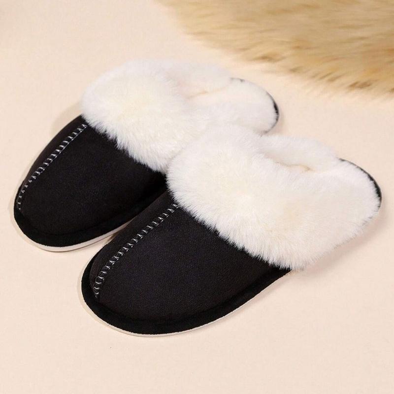 Warm Women's Plush Fleece-Lined Slip-On Moccasin with Fluffy Detail - Non-Slip Winter Home Slippers on Flat Platform Sole  Comfy Memory indoor  shoes Soft Anti-Skid