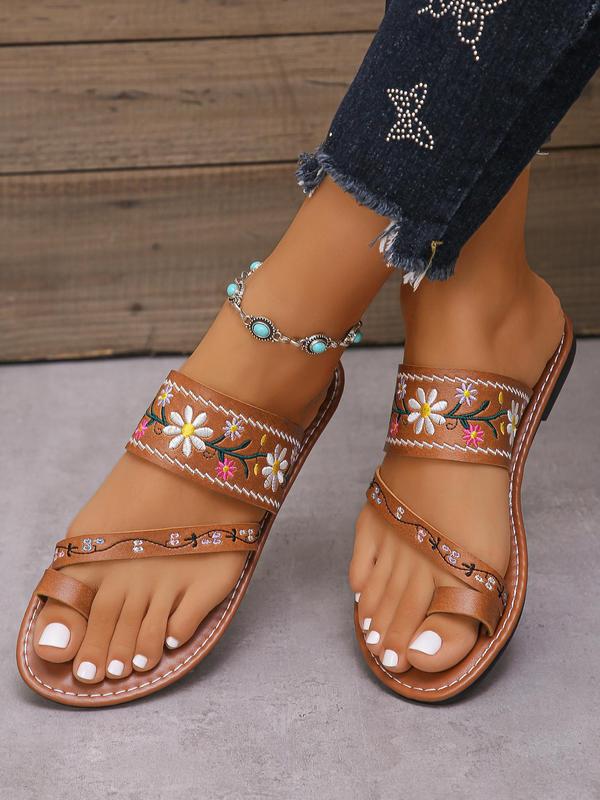 Women's Vintage Embroidered Slip on Sandals, Casual Summer Toe Ring Beach Sandals, Fashionable Flat Sandals, Slippers for Women for Outdoor Beach, 80s Fashion