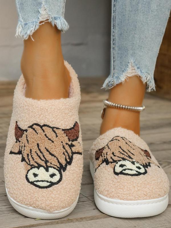 Women's Cute Cartoon Highland Cow Design Plush Slippers, Casual Soft Comfortable Home Slippers, Warm Slippers for Indoor & Outdoor Use for Fall & Winter