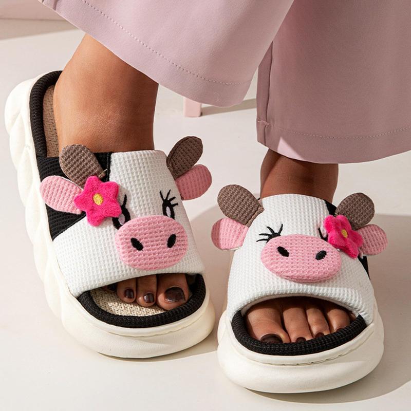 Cow Slippers for Women Cute Cartoon Cow Slides Four Seasons Home Linen Slippers House Shoes Comfortable Bedroom Kawaii Cloud Slides