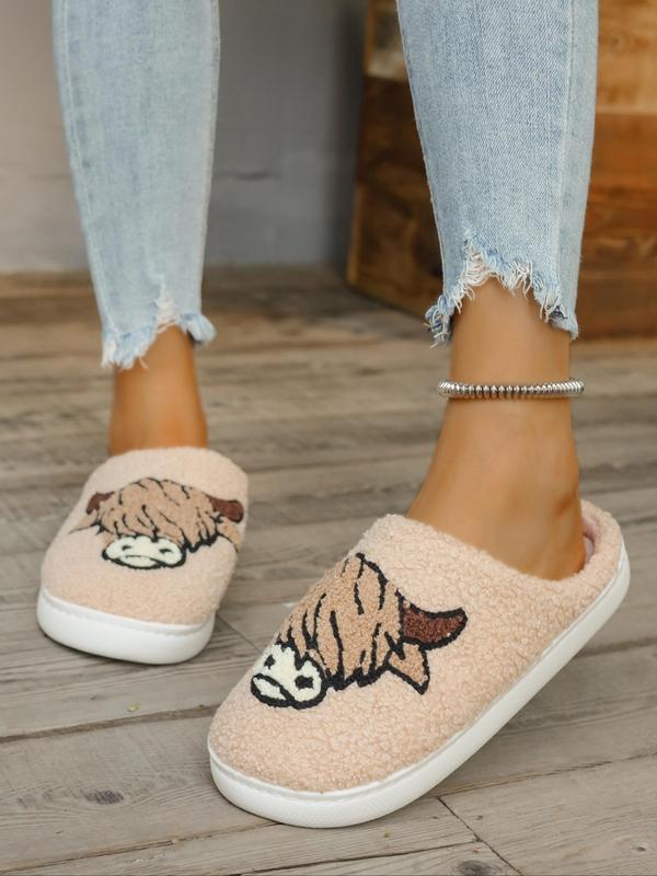 Women's Cute Cartoon Highland Cow Design Plush Slippers, Casual Soft Comfortable Home Slippers, Warm Slippers for Indoor & Outdoor Use for Fall & Winter