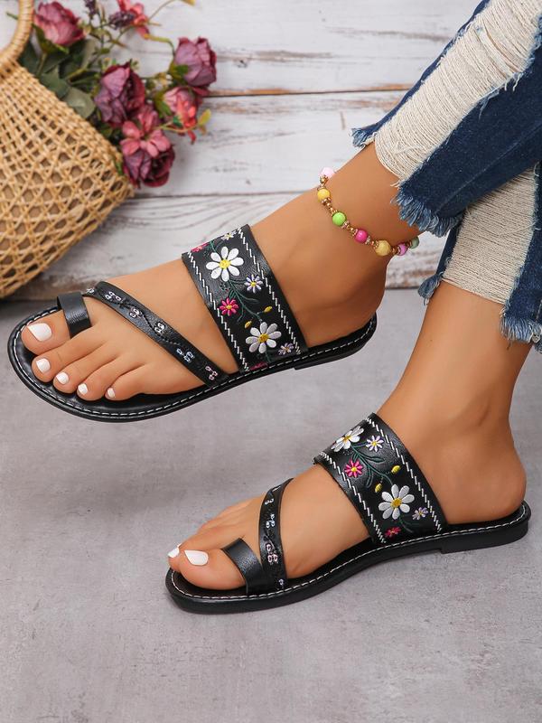 Women's Vintage Embroidered Slip on Sandals, Casual Summer Toe Ring Beach Sandals, Fashionable Flat Sandals, Slippers for Women for Outdoor Beach, 80s Fashion