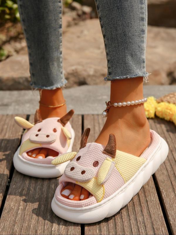 Summer 2024 New Trendy Cow Design Slippers, Casual Novelty Soft Cozy Cute Home Sandals, Fashion House Platform Slippers for Daily Wear, Girl's Comfort Walking Shoes, Back To School Footwear