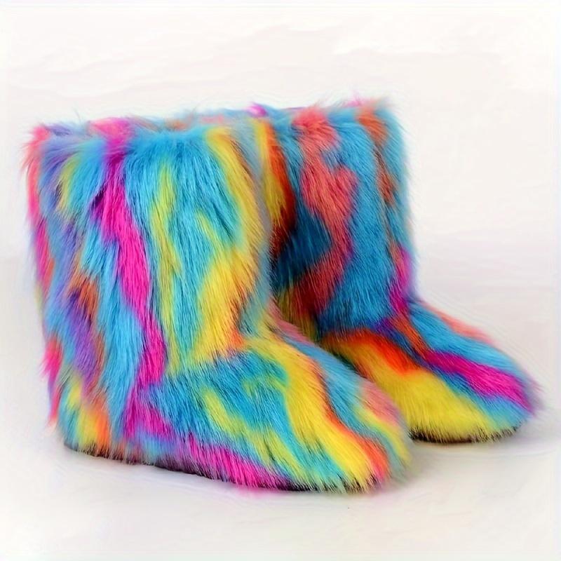 Women's Fluffy Faux Fur Snow Boots, Multicolor Mid-Calf Soft Fuzzy Boots, Winter Plush Warm Fashion Footwear