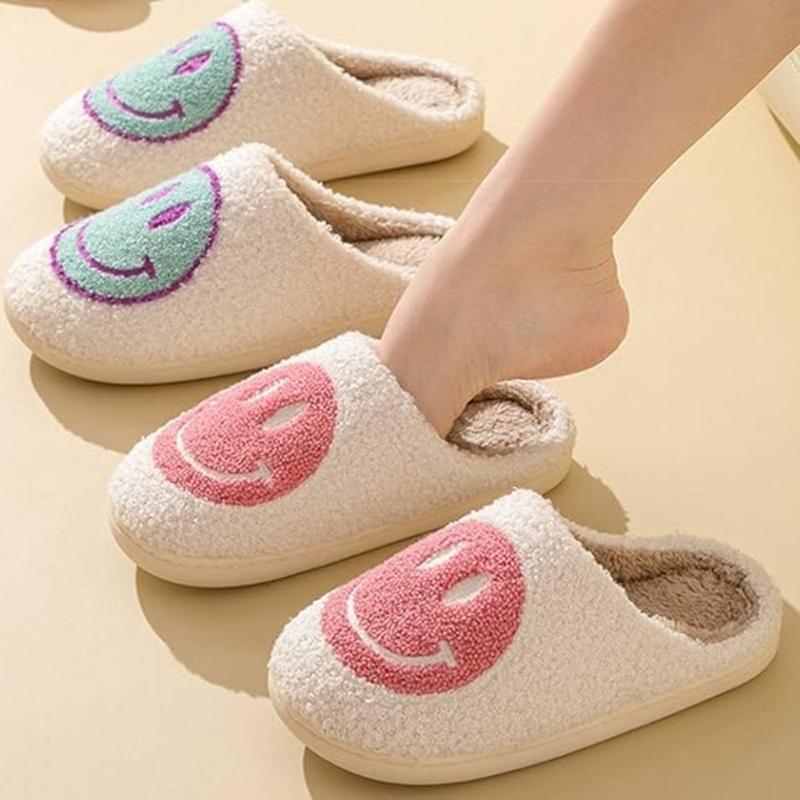 Womens Cartoon Smile Face Slippers Soft Plush Slippers Retro Preppy Slippers Happy Face Slippers Slip-on Cozy Indoor Outdoor Walking Shoes for Winter