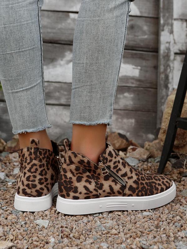 Fashion Leopard Print Zipper Ankle Boots, Casual Comfortable Round Toe Boots for Daily Wear, Female All-match Shoes for Fall & Winter