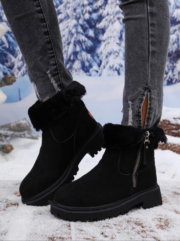 Women's Fashionable Solid Color Zipper Design Ankle Boots, Elegant Warm Plush Lined Boots for Fall & Winter, Female All-match Trendy Shoes for Daily Wear