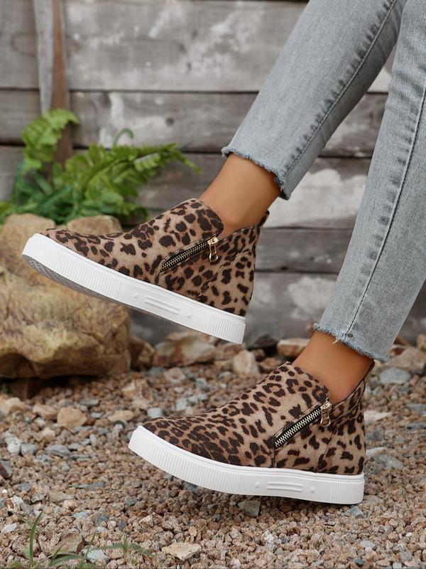 Fashion Leopard Print Zipper Ankle Boots, Casual Comfortable Round Toe Boots for Daily Wear, Female All-match Shoes for Fall & Winter