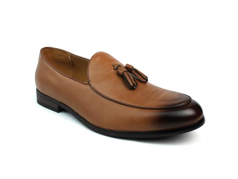 Men's Genuine Leather Cognac Brown Slip On Loafers Dress Shoes With Leather Tassels AZARMAN