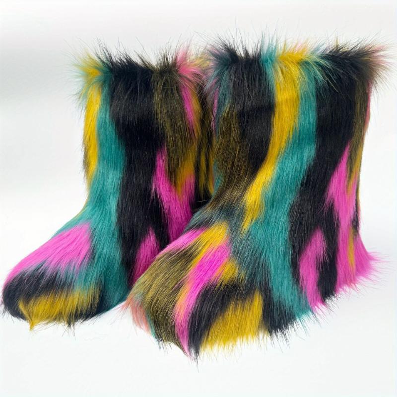 Women's Fluffy Faux Fur Snow Boots, Multicolor Mid-Calf Soft Fuzzy Boots, Winter Plush Warm Fashion Footwear