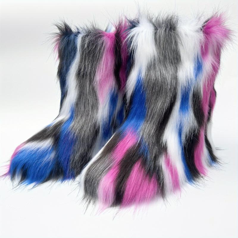 Women's Fluffy Faux Fur Snow Boots, Multicolor Mid-Calf Soft Fuzzy Boots, Winter Plush Warm Fashion Footwear