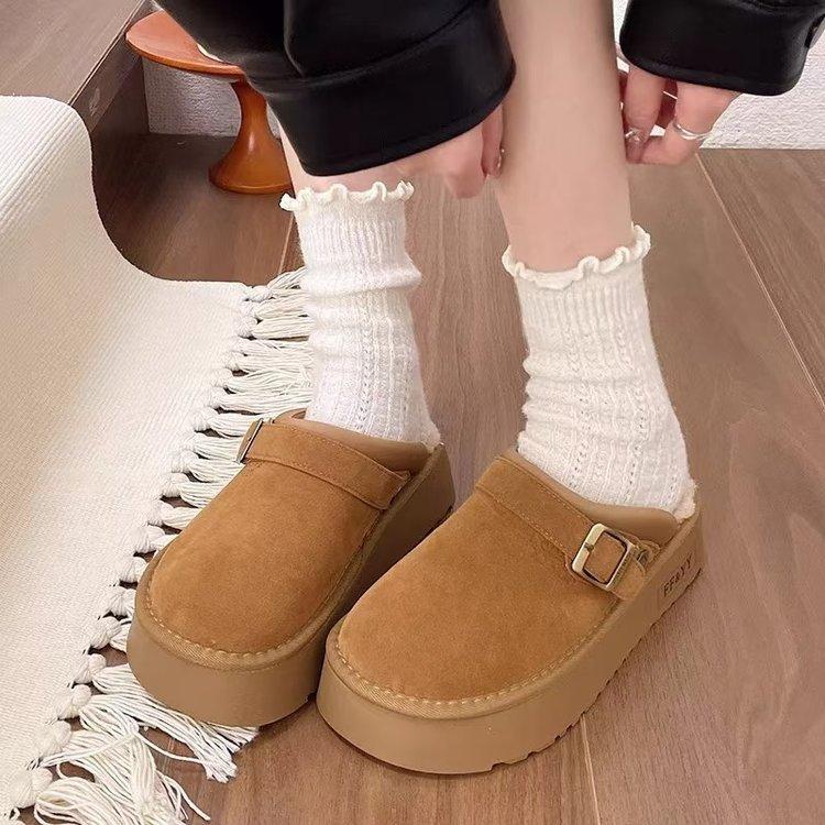 Anti-cold thick bottom shoes female 2024 autumn and winter new Baotou half slippers female external wear two wear snow fur slippers recommended to shoot a size larger slippers women winter boots Footwear Girls Walking Shoes Comfort Walking Shoes Comfort