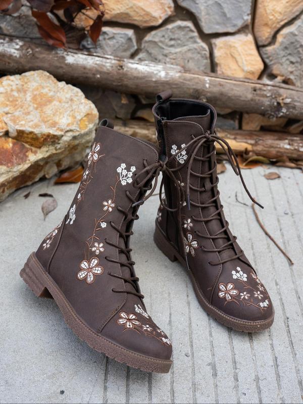 Women's Fashionable Floral Embroidering Design Lace Up Boots, Casual Comfortable Round Toe Boots for Daily Wear, Female All-match Trendy Shoes for Daily Wear