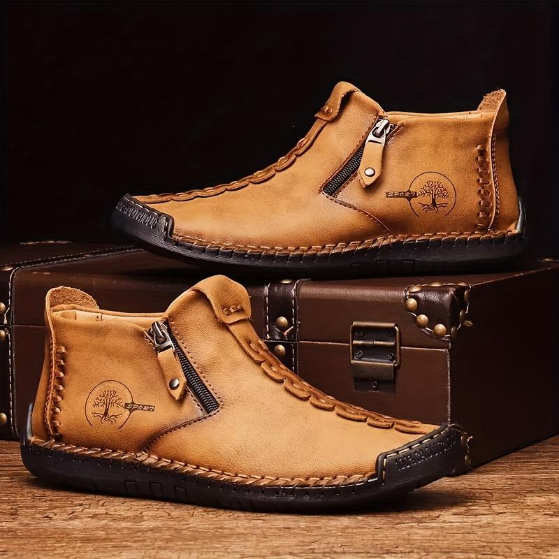 Men's Ankle Boots Leather Casual Loafers, Men's Boots Hand-Stitched Outdoor Work Shoes