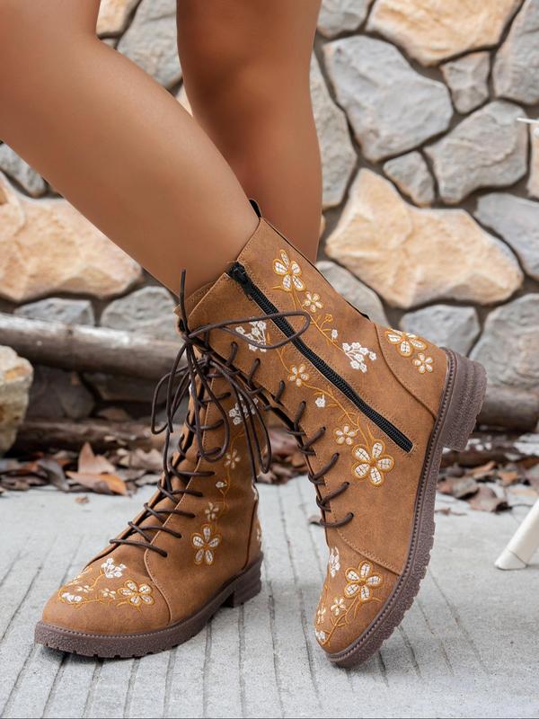 Women's Fashionable Floral Embroidering Design Lace Up Boots, Casual Comfortable Round Toe Boots for Daily Wear, Female All-match Trendy Shoes for Daily Wear