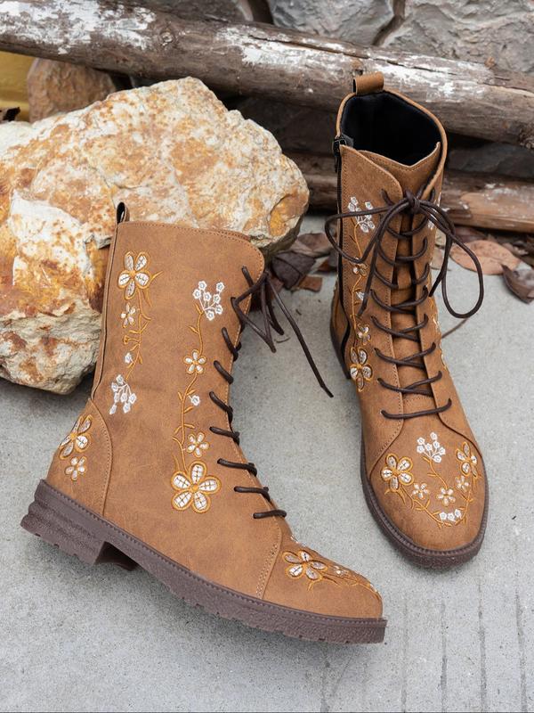 Women's Fashionable Floral Embroidering Design Lace Up Boots, Casual Comfortable Round Toe Boots for Daily Wear, Female All-match Trendy Shoes for Daily Wear