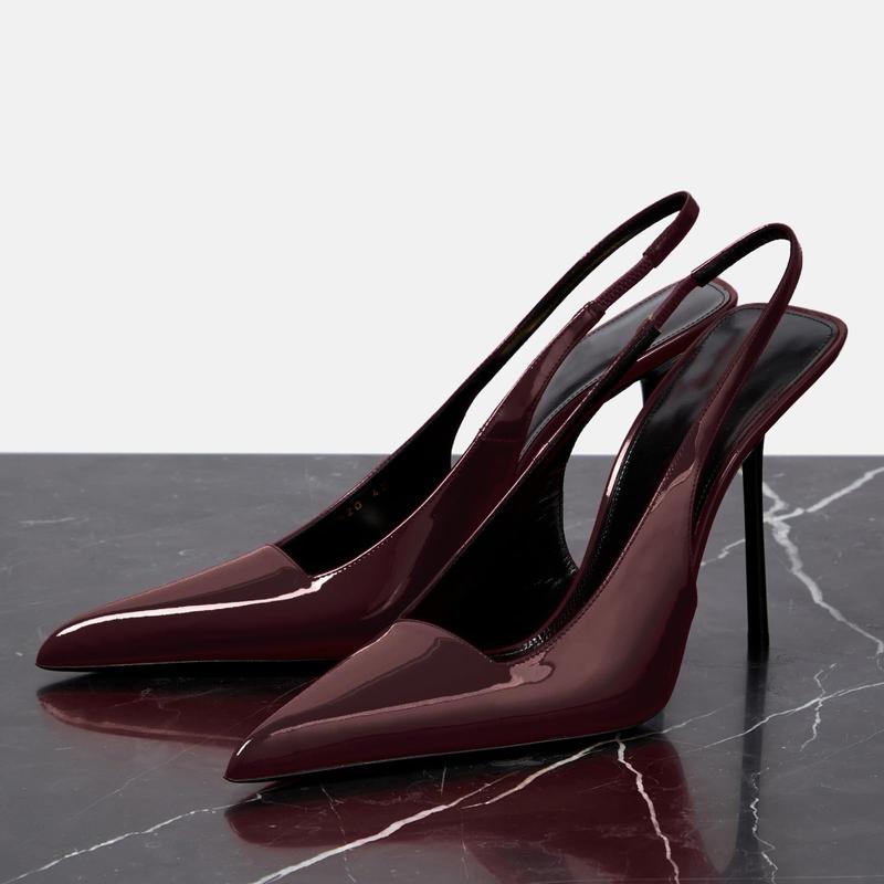 Women's Slingback Stiletto Heels Stretch Strap Slip On Pumps Shoes Pointed Toe Backless Patent Leather Dress High Heels