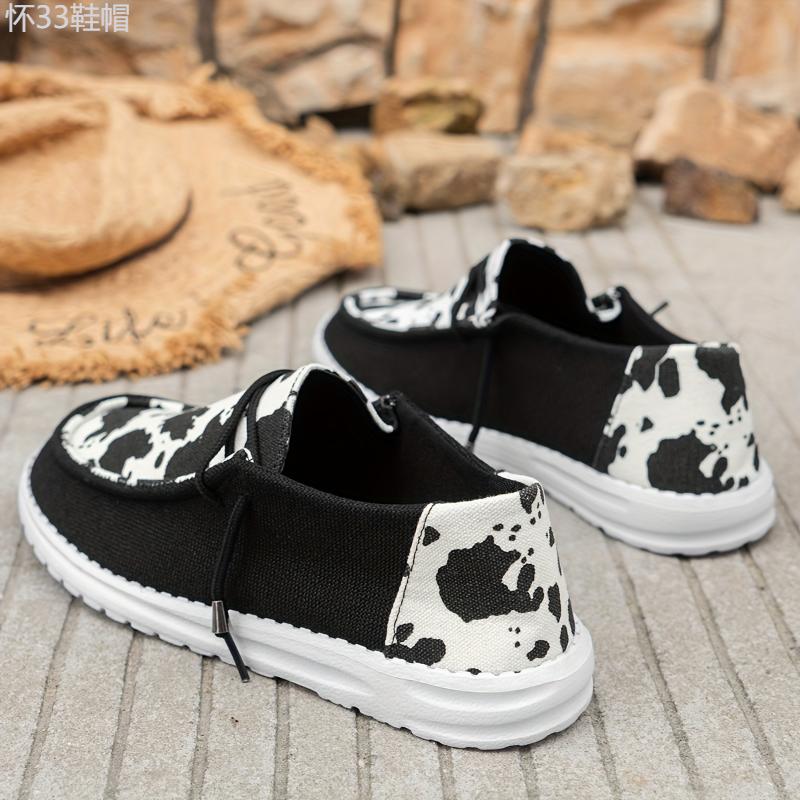 Women's Cow Print Canvas Slip-On Loafers, Breathable Low-Top Walking Shoes Footwear Girl