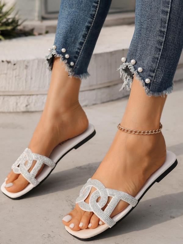 Women's Fashionable Rhinestone Decorated Slip on Sandals, Casual Comfortable Square Toe Flat Sandals for Summer, Lightweight Breathable Shoes for Daily Wear