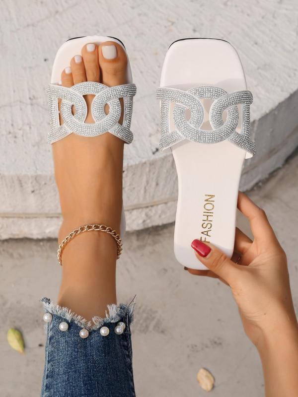 Women's Fashionable Rhinestone Decorated Slip on Sandals, Casual Comfortable Square Toe Flat Sandals for Summer, Lightweight Breathable Shoes for Daily Wear