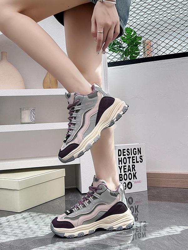 Sporty Women's Fashionable Patchwork Thermal Lined Lace Up Walking Shoes, Casual Comfortable Sports Shoes for Daily Wear, Female All-match Round Toe Shoes for Daily Wear