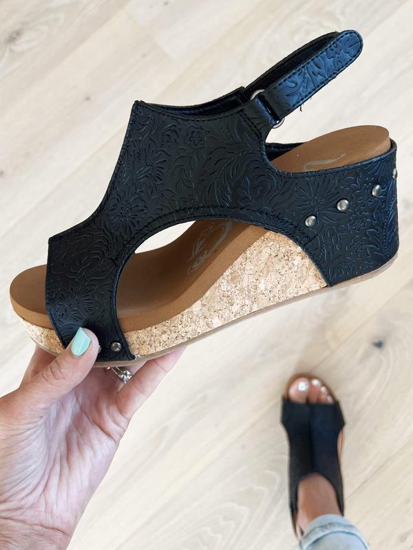 Very G Broken Promises Tooled Wedge Sandals in Black