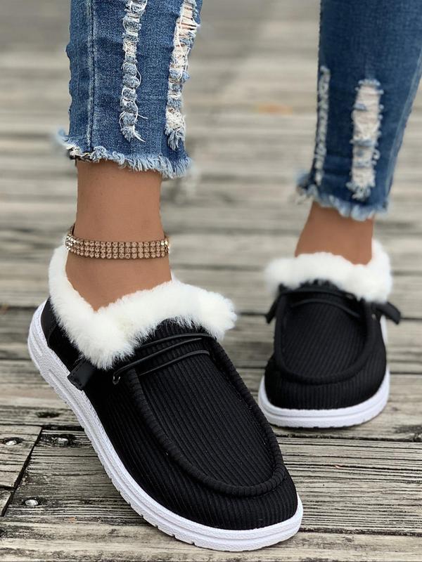 Women's Solid Color Fluffy Lined Slip on Sports Walking Shoes, Casual Comfortable Warm Indoor Outdoor Sports Shoes, Female Round Toe Sports Walking Shoes for Fall & Winter