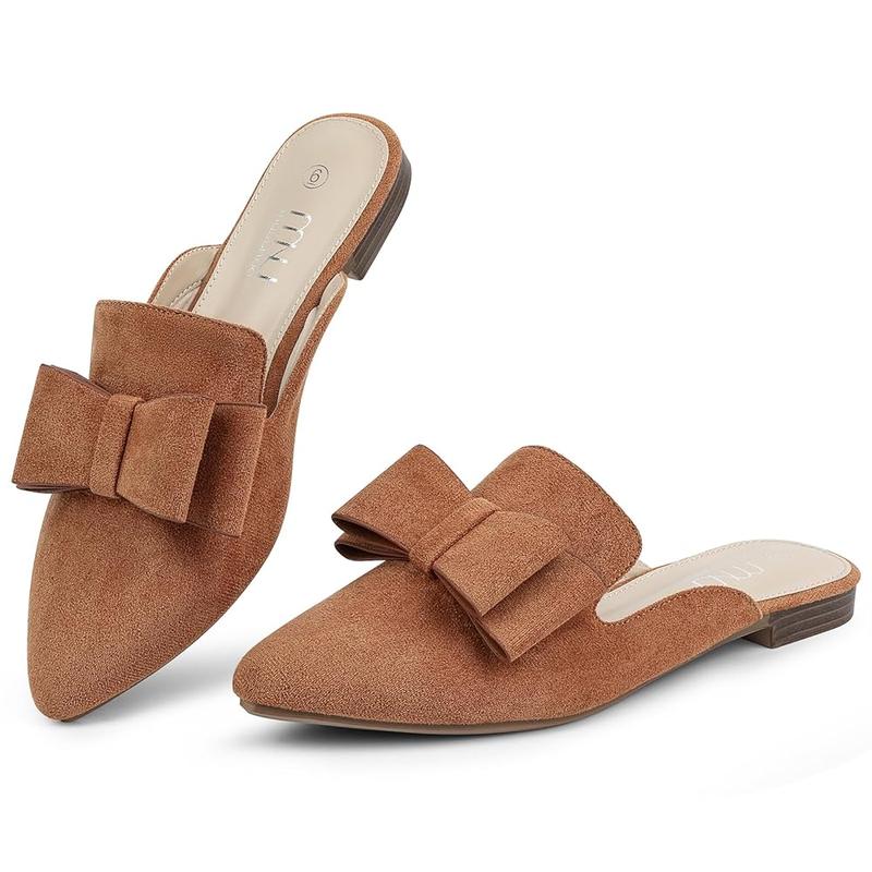 MUSSHOE Mules for Women Comfortable Pointed Toe Backless Slip-on Slides Loafer Flats with Bowknot