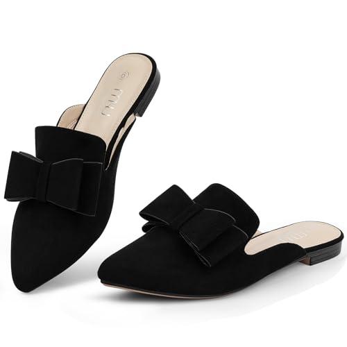 MUSSHOE Mules for Women Comfortable Pointed Toe Backless Slip-on Slides Loafer Flats with Bowknot