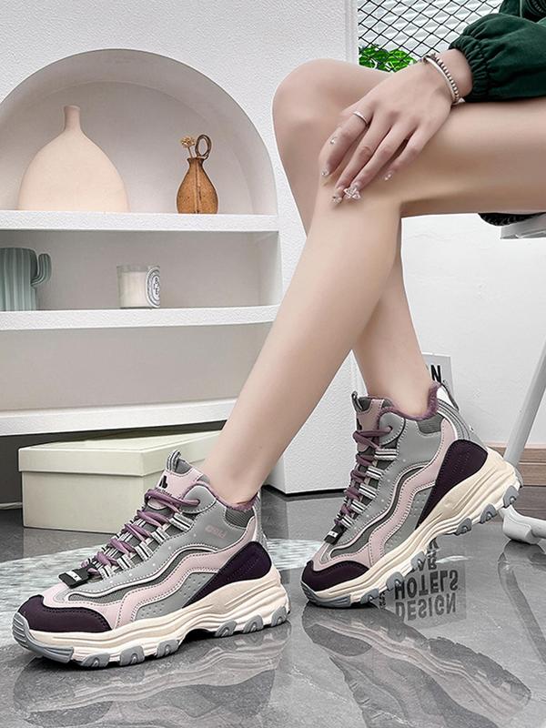 Sporty Women's Fashionable Patchwork Thermal Lined Lace Up Walking Shoes, Casual Comfortable Sports Shoes for Daily Wear, Female All-match Round Toe Shoes for Daily Wear