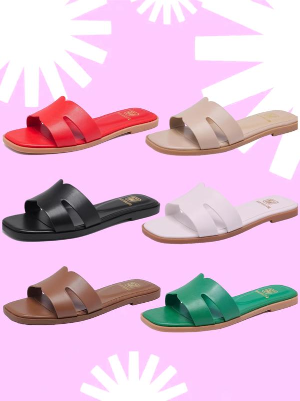 Women's Flat Slide Sandals Fashion Square Open Toe Slip On Casual Beach Slippers