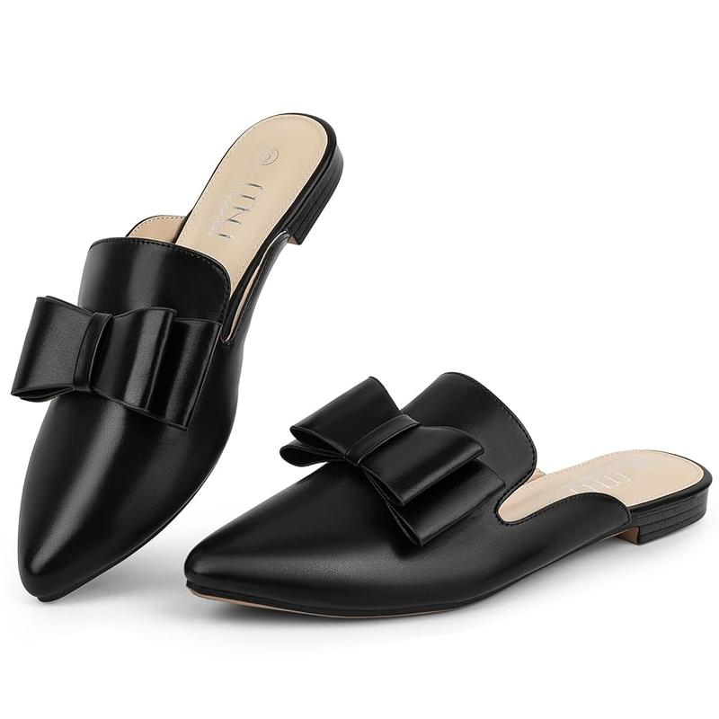 MUSSHOE Mules for Women Comfortable Pointed Toe Backless Slip-on Slides Loafer Flats with Bowknot