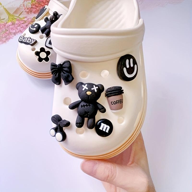 12pcs set 3D Black Rabbit Bear Charms For Clogs Sandals Decoration, Shoes DIY Accessories For Women & Men Footwear Comfort