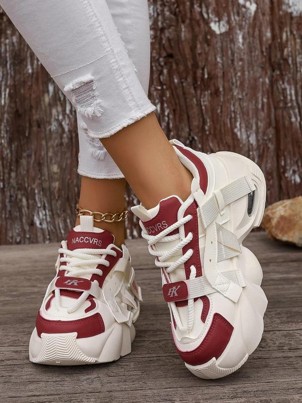 Women's Fashionable Patchwork Lace Up Low Top Sneakers, Casual Comfortable Wedge Sneakers for Daily Wear, Perfect for Students for Outdoor Sports