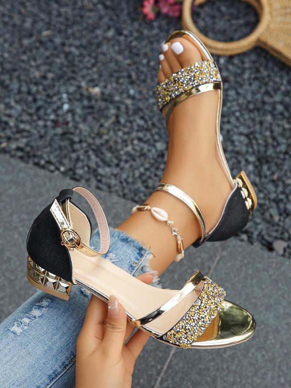 Women's Fashionable Rhinestone Decorated Buckle Strap Sandals, Casual and Versatile Sandals for Women 2024 Summer, Lightweight Breathable Comfortable Shoes for Daily Wear