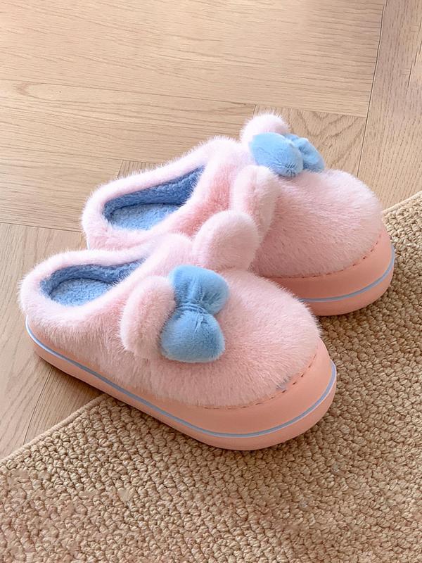 Women's Cute Bowknot Design Anti-slip Plush Bedroom Slippers, Casual Soft Comfortable Home Slippers, Warm Slippers for Indoor & Outdoor Use for Winter