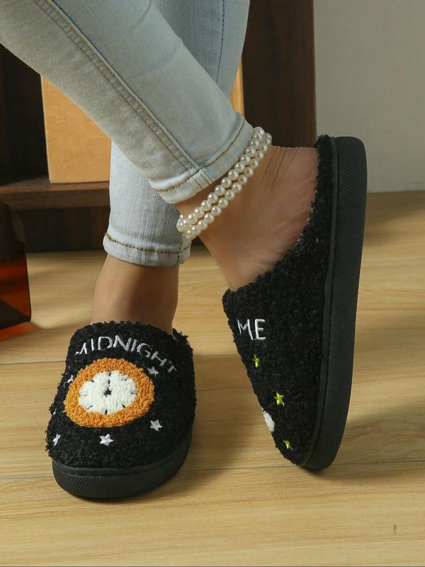 Women's Cartoon Moon & Clock Pattern Plush Slippers, Casual Soft Comfortable Home Slippers, Warm Slippers for Indoor & Outdoor Use for Fall & Winter