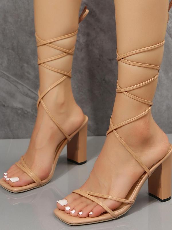 Women's Fashionable Strappy Detail High Heel Sandals, Casual Versatile Square Toe Lace-up Heeled Sandals for Summer, Lightweight Breathable Comfortable Shoes for Daily Wear