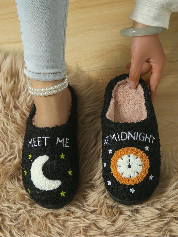 Women's Cartoon Moon & Clock Pattern Plush Slippers, Casual Soft Comfortable Home Slippers, Warm Slippers for Indoor & Outdoor Use for Fall & Winter