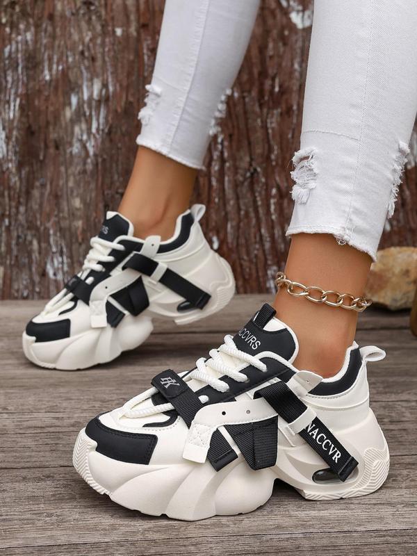 Women's Fashionable Patchwork Lace Up Low Top Sneakers, Casual Comfortable Wedge Sneakers for Daily Wear, Perfect for Students for Outdoor Sports