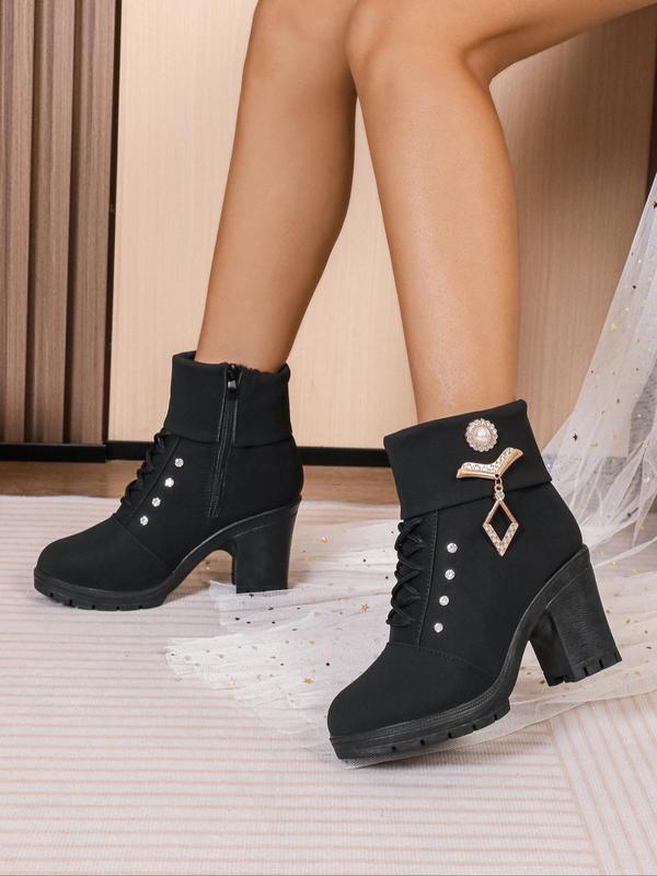 Women's Fashionable Rhinestone Decorated Belted Design Boots, Casual Comfortable Round Toe Ankle Boots for Fall & Winter, All-match Commuter Shoes for Work & Daily Wear