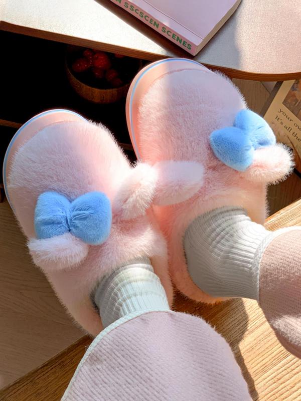 Women's Cute Bowknot Design Anti-slip Plush Bedroom Slippers, Casual Soft Comfortable Home Slippers, Warm Slippers for Indoor & Outdoor Use for Winter